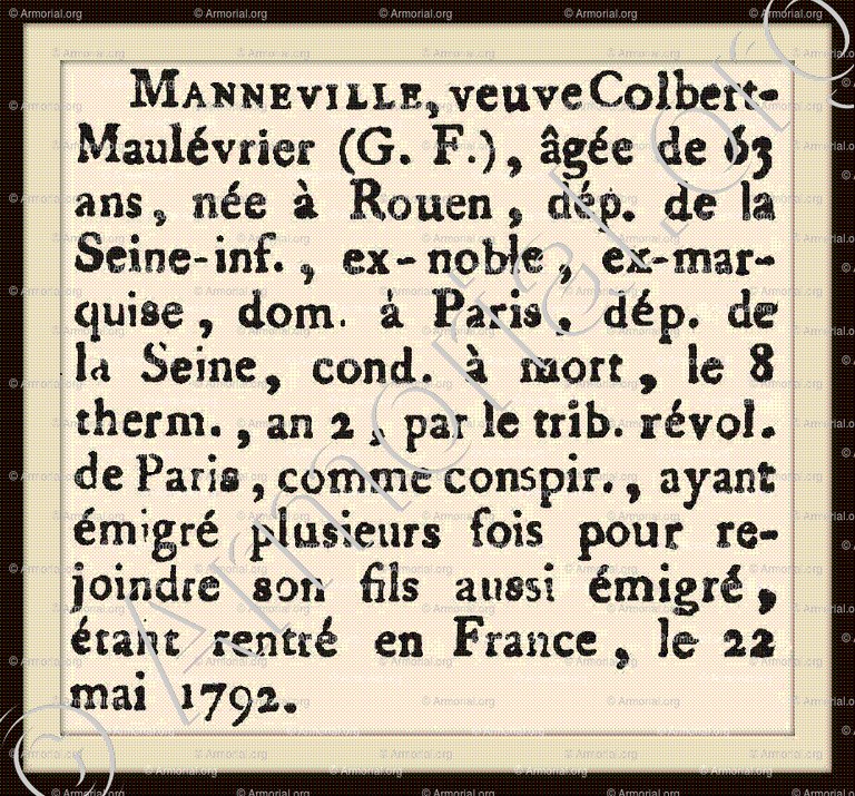 MANNEVILLE veuve COLBERT MAULEVRIER_ Condamné à Mort pendant la Révolution Française sous la Terreur (1789 1794)._France