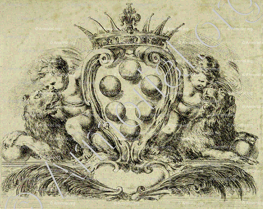 MEDICI_Stefano Della Bella (Firenze, 1610 - 1664) Cartiglio con stemma dè Medici e due Putti._Italia