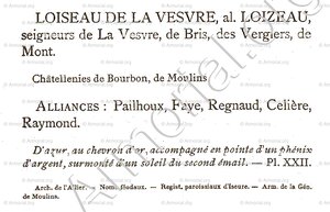 LOISEAU de LA VESVRE alias LOIZEAU notice Armorial du Bourbonnais +